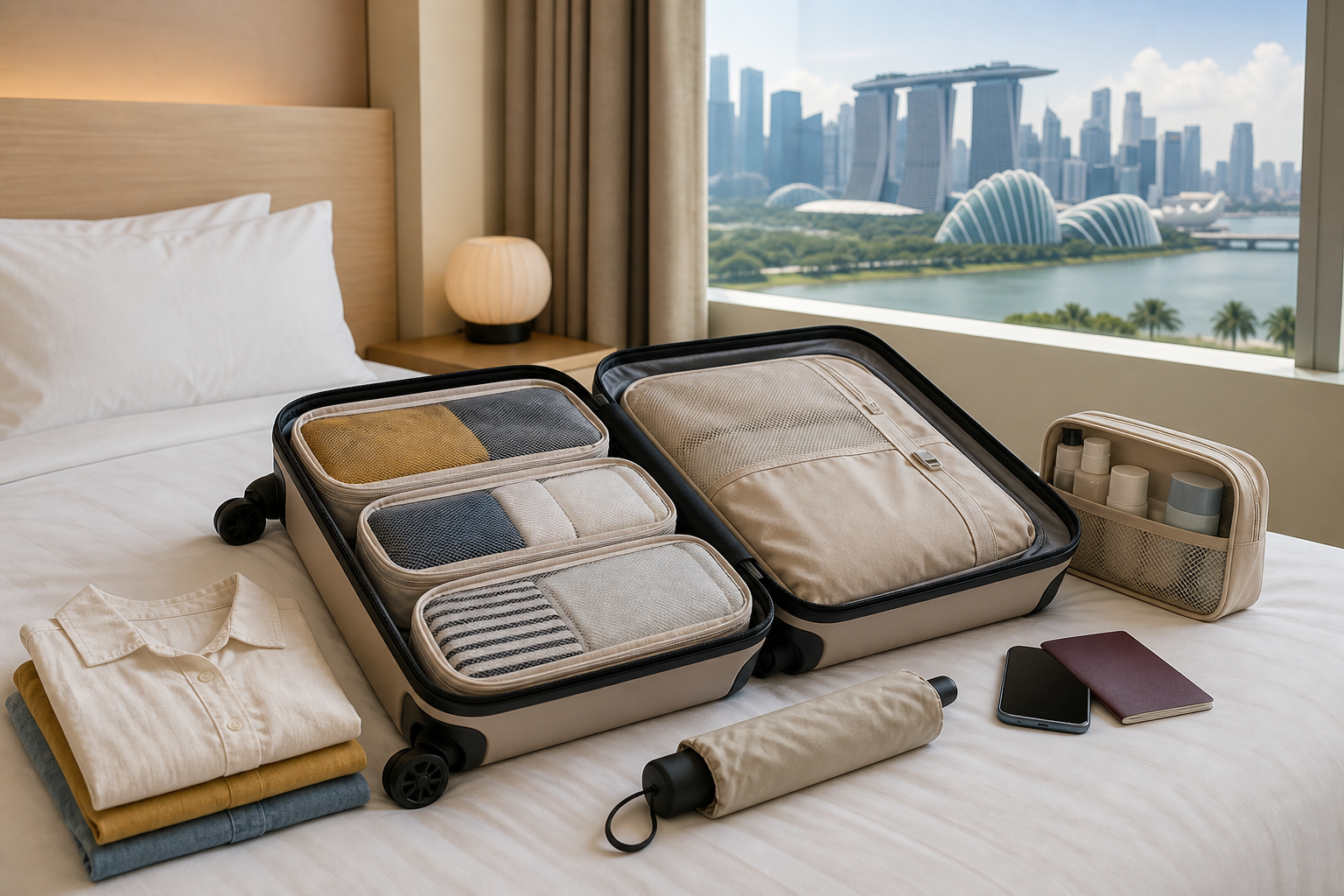 싱가포르 압축파우치와 기내수하물 짐 줄이기 준비물을 보여주는 이미지